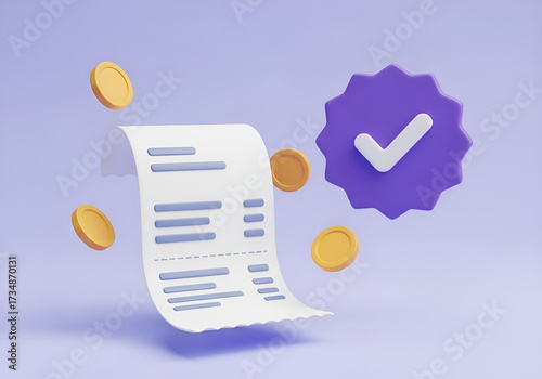 3d rendered financial receipt verified with coins and checkmark icon