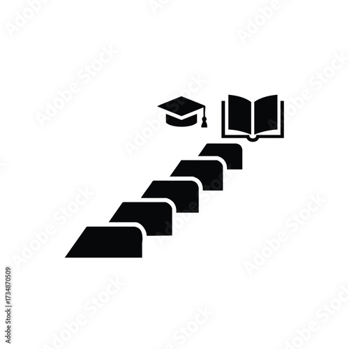 Pathway of graduation caps and open books symbolizing education, learning journey, academic achievement, and knowledge acquisition