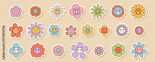 Groovy retro sticker set with colorful daisy and cartoon sunflower flower shapes. Smiley floral and chamomile groovy element, playful y2k style for fun decorative ideas.
