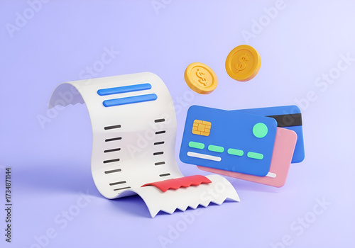 3d render of financial transaction icons featuring receipts credit cards and coins for digital finance concepts