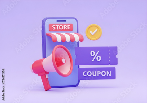 Online shopping promotion megaphone store app coupon discount symbol notification mobile phone