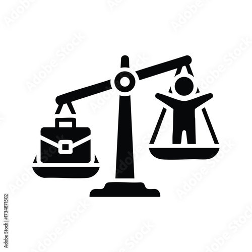 Balance scale with briefcase and human figure representing justice, fairness, and equality in legal or ethical contexts