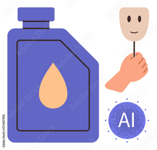 Oil container, smiling mask on a stick held by a hand, and AI emblem. Ideal for technology, sustainability, artificial intelligence, identity, environment innovation and energy concepts. Simple