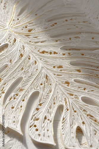 Monstera leaf, close-up, white & gold background, textured decor for art designs