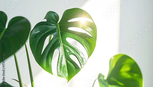 Monstera leaf, sunlight streaming, indoors, against white wall. Use nature article