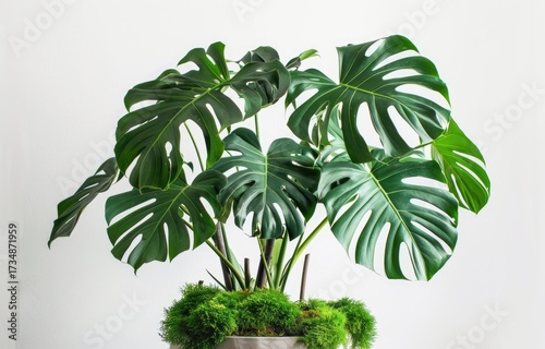 Monstera Plant in Pot Indoor Decor Home, Office, Studio. Minimalist white backdrop