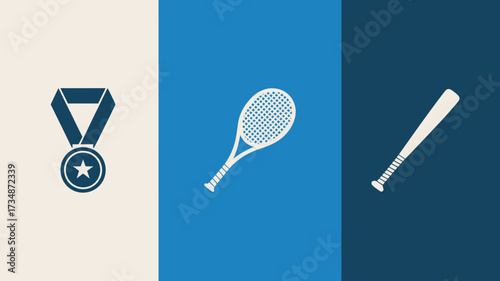 Set of sport icons including a medal tennis racket and baseball bat simple flat vector design element isolated on color backgrounds