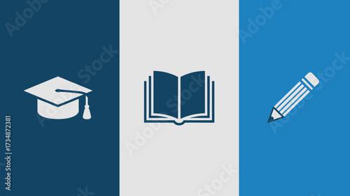 Education icon set featuring a graduation cap open book and pencil simple flat vector design for educational websites and applications