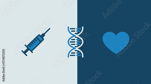 Medical icons of a syringe DNA strand and heart flat vector design for healthcare and science isolated on split background