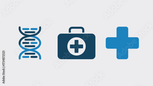 Medical icon set featuring DNA first aid kit and plus sign vector illustration for healthcare and science applications isolated on white background