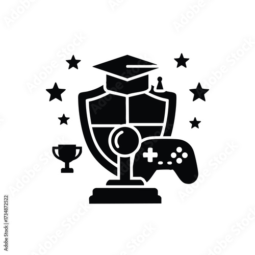 E-sports trophy with gaming controller, shield, and graduation cap representing competitive gaming and achievement