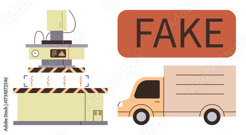 Hydraulic press crushing item symbolizing fake products, accompanied by delivery truck and bold fake sign. Ideal for quality control, counterfeit prevention, logistics, fraud, consumer safety