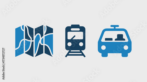 Set of transportation icons including a map train and taxi simple flat vector design element for web and mobile apps isolated on white background