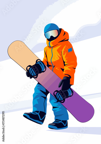 A snowboarding figure dressed in bright orange gear stands on a snowy slope, showcasing an adventurous winter sports lifestyle full of energy and excitement.