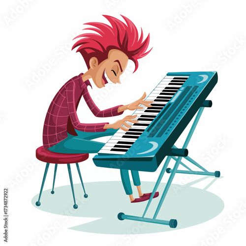 A vibrant depiction of a musician passionately playing a keyboard, showcasing the energetic spirit of creativity and self-expression through music.