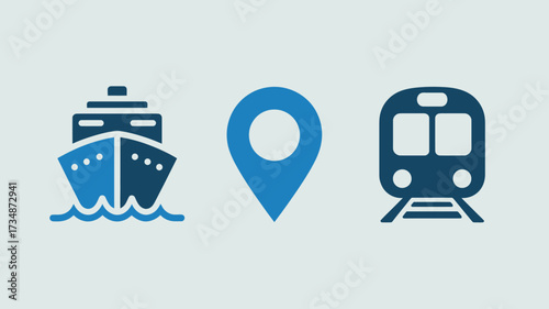 Set of transportation icons featuring a ship location pin and train simple flat vector design element for web and mobile apps isolated on white background