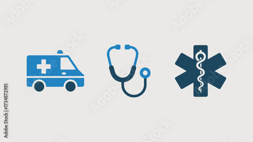 Set of medical icons ambulance stethoscope and star of life symbol flat vector design element for healthcare and emergency services isolated on white background