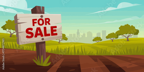 A picturesque rural scene showcasing open fields with a prominent 'For Sale' sign, ideal for buyers looking to invest in tranquil land amidst a serene and natural environment.