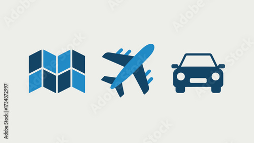 Travel icon set featuring a map airplane and car flat vector design elements for travel apps and websites isolated on white background