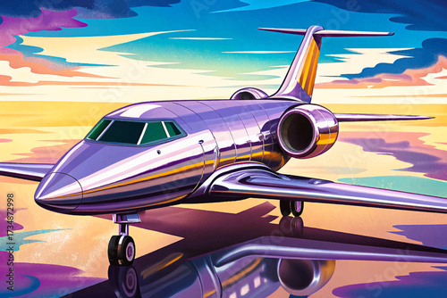 modern polished metallic silver jet plane sits gracefully on a beautiful reflective surface, showcasing its sleek aerodynamic form, illustrated in a precise professional vector style