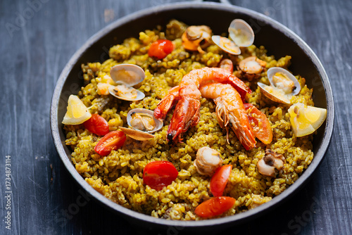 pan of spanish seafood paella