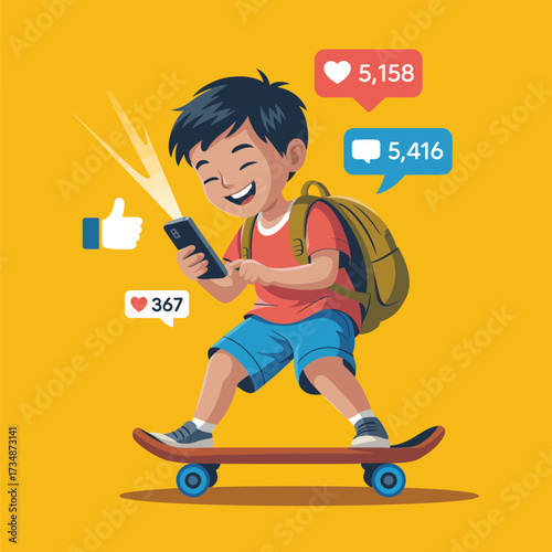 A cheerful boy on a skateboard, captivated by his smartphone, showcasing the joy and excitement of modern digital interactions and youth culture.
