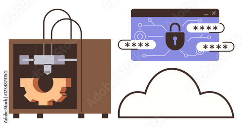 3D printer creating gear, locked browser with password security, and cloud graphic. Ideal for technology, cybersecurity, manufacturing, innovation, engineering, cloud services and digital safety