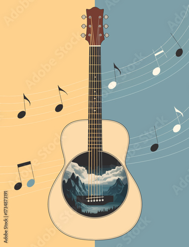 An acoustic guitar features a picturesque landscape scene integrated into its body, blending art and music, symbolizing creativity and harmony.