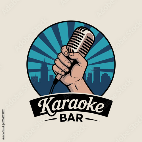 An artistic representation of a hand holding a classic microphone, set against a backdrop of a vibrant city skyline—perfect for karaoke lovers and nightspot enthusiasts.