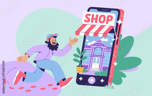 An excited man approaches a giant smartphone displaying a virtual shop front, illustrating the enthusiasm of online shopping and modern technology.
