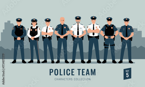 An illustrated collection of diverse police team characters, representing authority and teamwork, showcasing various uniforms and equipment in a modern urban setting for storytelling.