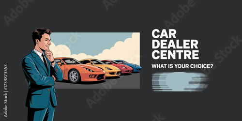 A stylish promotional image for a car dealer center, showcasing a range of colorful cars and a confident man in a suit, symbolizing choice and luxury in vehicle selection.