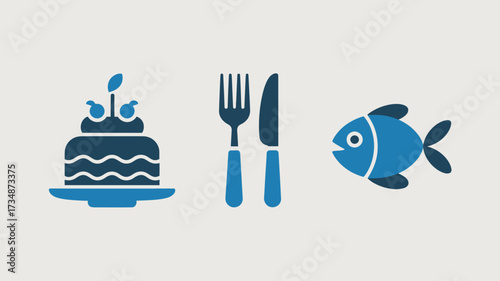 Set of food icons cake cutlery and fish simple flat vector design element for web and mobile apps isolated on white background