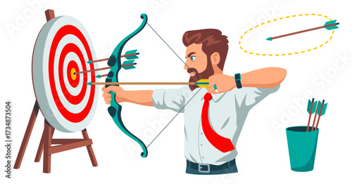 A determined archer wearing a suit focuses intently on hitting the target, illustrating concentration, skill, and precision in the sport of archery in a vibrant setting.