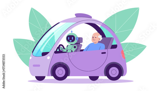 An elderly man enjoys a ride in a futuristic self-driving car with a robot companion, symbolizing the convergence of technology and companionship in modern transportation.