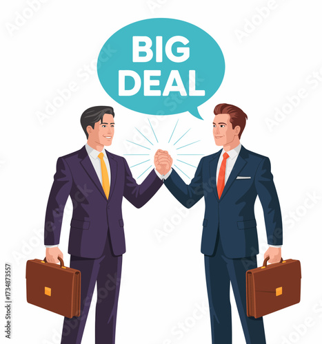Two well-dressed businessmen shake hands in a lively atmosphere, celebrating a big deal. The characters convey excitement and professionalism in a corporate setting.