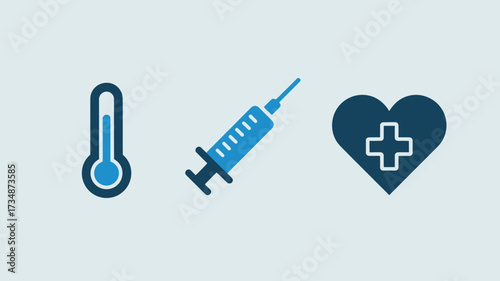 Medical icon set featuring a thermometer syringe and heart with a cross vector illustration for healthcare and medical design