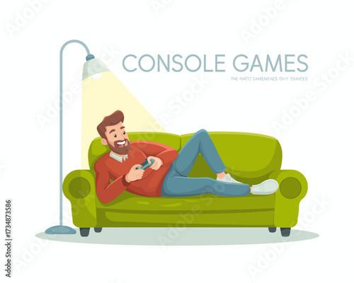 A relaxed man lounges on a green couch, joyfully playing video games with a game controller in hand, representing the fun and leisure of console gaming at home.