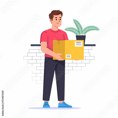 A cheerful young man holding a yellow box in a bright, minimalistic environment, representing the joy of receiving packages and the excitement of new deliveries.