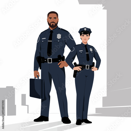 A confident male and female police officers stand together in their uniforms, embodying strength, teamwork, and dedication to community safety and justice.