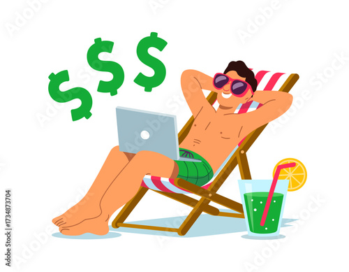 A person is lounging by the pool with a laptop, sipping a colorful drink, embodying relaxation and a carefree lifestyle, surrounded by the spirit of summer leisure.