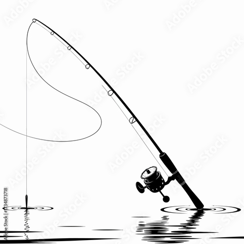 A simple yet serene fishing scene shows a fishing rod casting into the calm waters, symbolizing tranquility, patience, and a connection to nature and leisure activities.