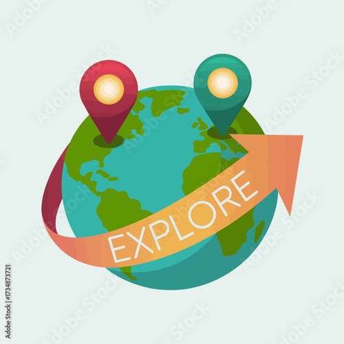 A graphical representation of a globe adorned with location pins, symbolizing exploration and adventure, encouraging travel and discovery around the world.