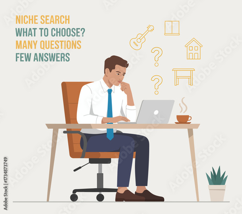 A man contemplates various niche options on his laptop, surrounded by symbols representing different business ideas, highlighting the challenges of choosing the right niche.
