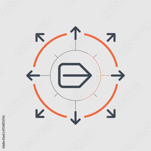 An abstract representation of motion and direction featuring arrows pointing outward from a central design element, symbolizing progress, guidance, and dynamic flow.
