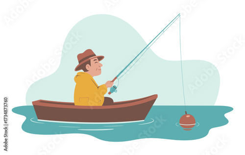 A serene image of a man fishing from a small boat on calm waters, showcasing a peaceful moment of solitude, reflection, and connection with nature.