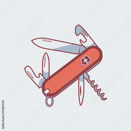 This close-up image features a detailed Swiss Army knife showcasing its multifunctional tools, representing resourcefulness, practicality, and handy solutions for various tasks.