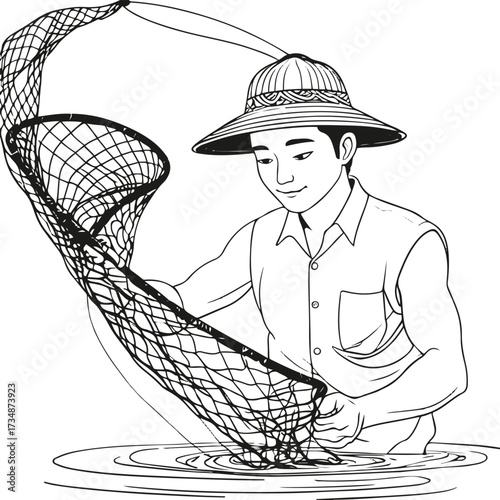 Black thick outline with white background, Minimalist line art of a fisherman throwing fishing net 1
