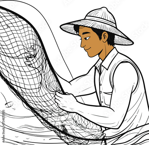 Black thick outline with white background, Minimalist line art of a fisherman throwing fishing net