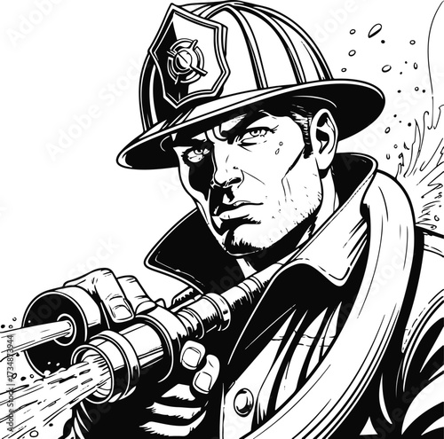 Black thick outline with white background, Smooth line drawing of a fireman holding water hose 1